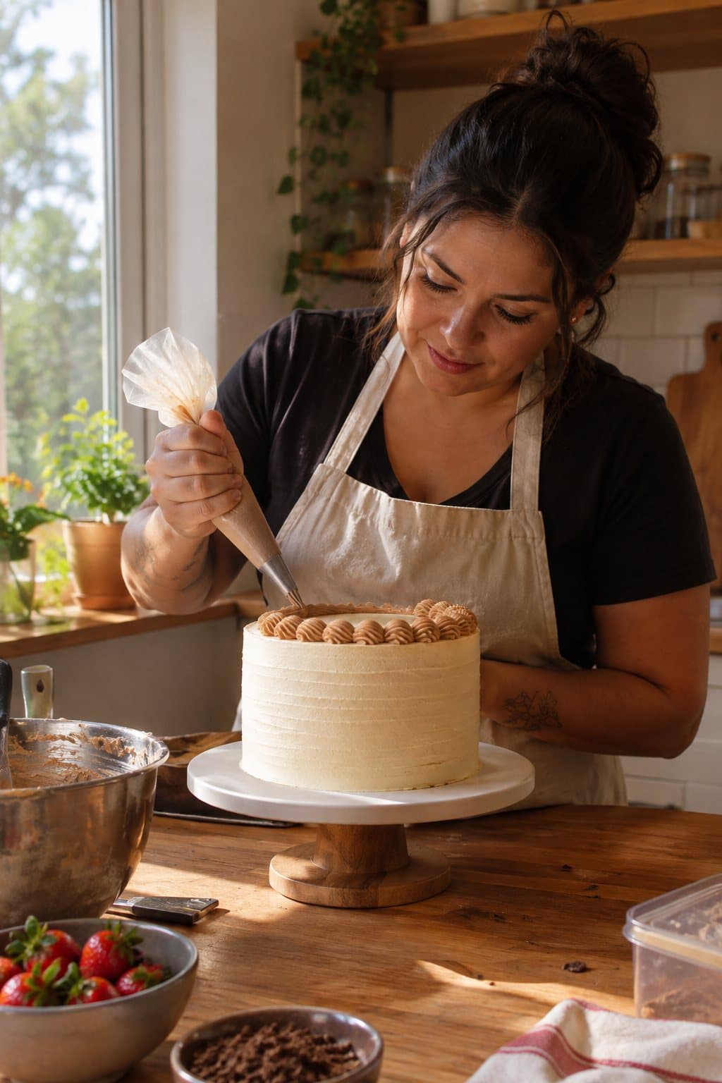 Confeiteira decorando um bolo na cozinha de casa