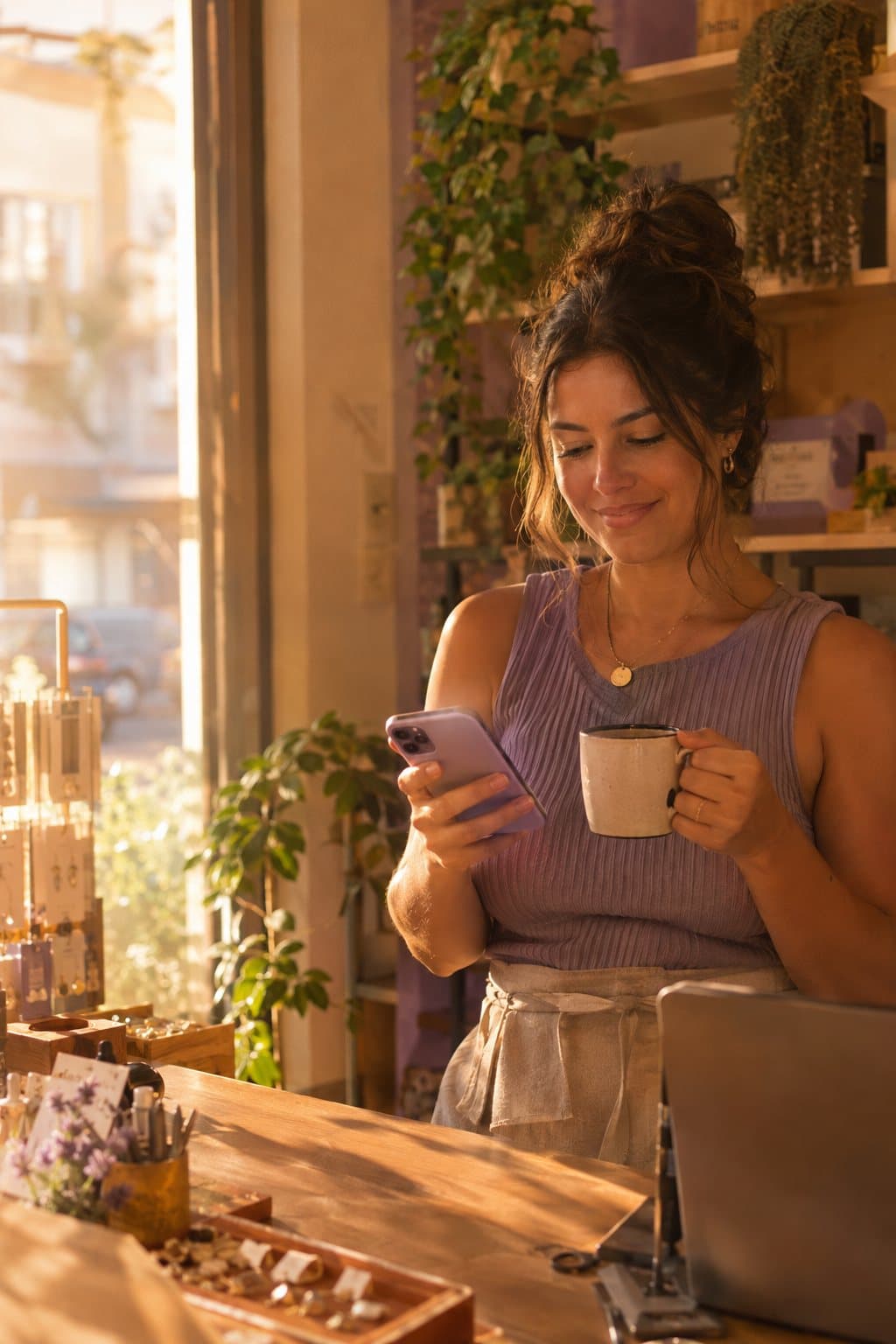 Empreendedora na bancada da loja pela manhã, com café na mão, lendo a mensagem do dia no celular